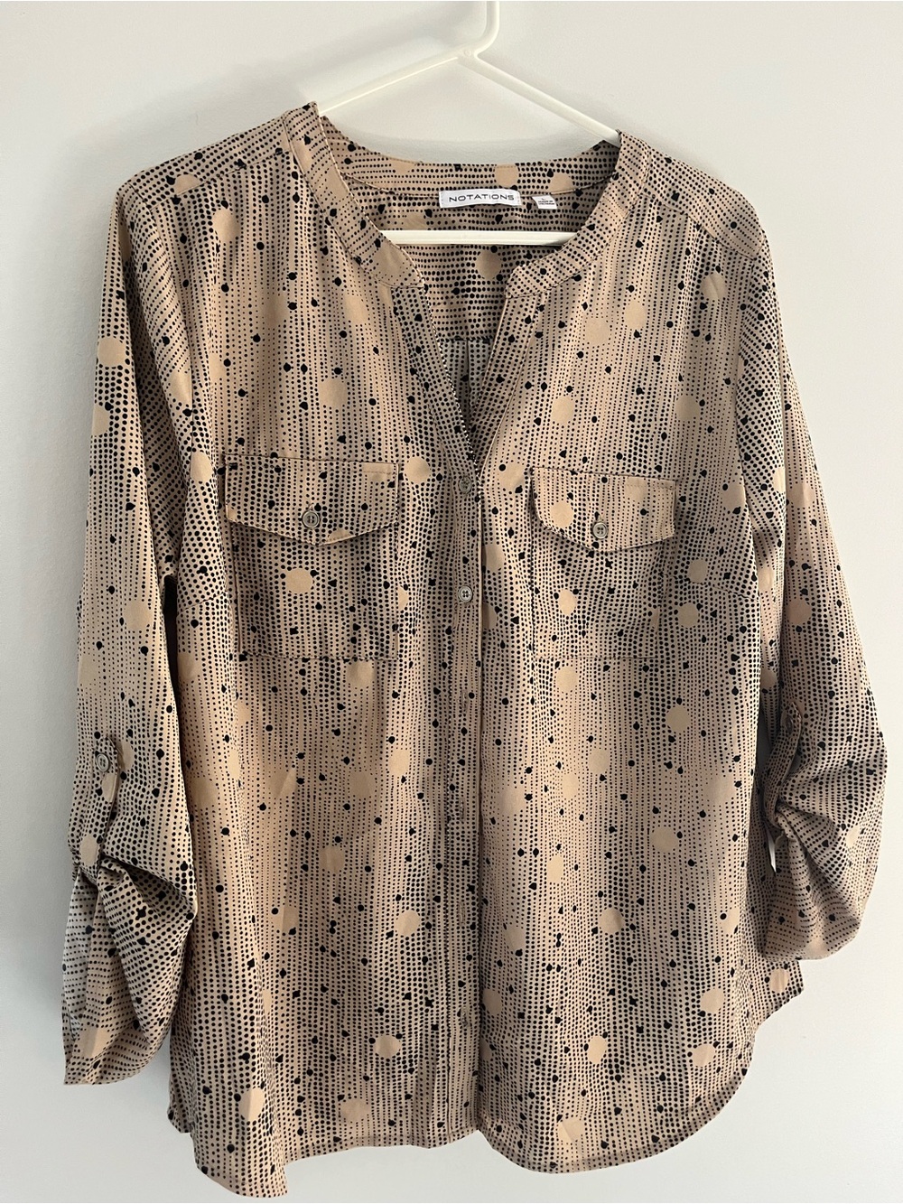 NOTATIONS Beige and Black Dot-Print Button Front Blouse